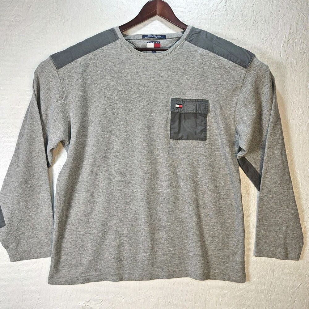 VTG Tommy Hilfiger Men Gorpcore Shirt XL Gray Elbow Shoulder Patches Y2k Preppy